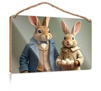 Funny Bathroom Wall Decor Sign Wood Two Rabbits Dressed in Formal Attire, One Holding A Basket of Eggs Restroom Sign Funny Quote Wood Plaque(20X30CM)