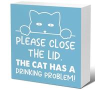 Funny Bathroom Wood Block Signs,Please Close the Lid the Cat Has A Drinking Problem Wooden Box Sign for Bathroom Shelf Toilet Restroom Home Tabletop Desk Decor,Rustic Bathroom Sign Decor Blue