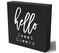 Funny Bathroom Wooden Box Sign Plaque Hello Sweet Cheeks Black Wood Box Sign Rustic Art Home Bathroom Shelf Desk Decor5x5 inch
