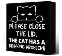 Funny Bathroom Wooden Box Signs,Bathroom Quotes Signs,Humorous Bathroom Signs,Bathroom Desk Decor,Please Close the Lid the Cat Has A Drinking Problem Wood Block Sign 5x5 Inch