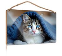 Funny Bathroom Wooden Hanging A Cat with Striking Blue Eyes is Cozy Under A Knitted Blanket Door Sign for Bedroom Funny Wooden Signs(20X30CM)