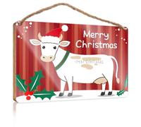 Funny Bathroom Wooden Hanging A Cow Wearing A Santa Hat with Merry Christmas Written On It Door Sign for Bedroom Funny Wooden Signs(23X35CM)