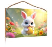 Funny Bathroom Wooden Hanging A Cute White Bunny Holding an Easter Egg in A Colorful Garden Pool Stuff Funny Bathroom Decor(20X30CM)