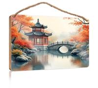 Funny Bathroom Wooden Hanging A Serene Autumn Scene with A Traditional Chinese Pavilion, Stone Bridge Pool Stuff Funny Bathroom Decor(23X35CM)