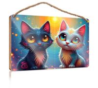 Funny Bathroom Wooden Hanging Two Cats with Colorful Tattoos Sit Side by Pool Stuff Funny Bathroom Decor(23X35CM)