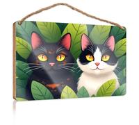 Funny Bathroom Wooden Hanging Two Cats with Striking Yellow Eyes Surrounded by Lush Green Leaves Pool Stuff Funny Bathroom Decor(23X35CM)