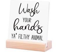 Funny Bathroom Wooden Plaque Sign,Wash Your Hands Ya' Filthy Animal Wood Plaque With Wooden Stand For Bathroom Shelf Toilet Restroom Home Tabletop Desk Decor,Rustic Bathroom Sign Decor 4X4Inch