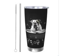 Funny Bathtub Bulldog with Bubble Tumblers 20 Oz Stainless Steel Tumbler Cup Straw Two-Piece Set for Adult Women Men, Travel Coffee Mug for Office Birthday Anniversary Wedding Party