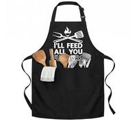 Funny BBQ Apron for Men and Women, Father's Day Birthday Gifts, Adjustable Polyester Kitchen Apron with 3 Deep Pockets, Novelty Grilling Baking Gift, I'll Feed All You Fers Black Chef Apron