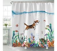 Funny Beagle Shower Curtain, Underwater Ocean Animal Octopus Starfish Turtle Fish Shower Curtain, Nautical Anchor Fabric Bathroom Curtain with 12 Hooks 69 x 70Inch