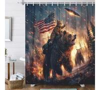 Funny Bear Shower Curtain Boys, Cool Cat Riding Bear on Rustic Cabin Forest Woodland Hilarious Shower Curtain, Funky Anime UFO Spaceship Animal Shower Curtain Kids Men Boys Decor with Hooks, 60X70IN