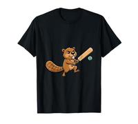 Funny Beaver Cricket Player Cartoon Mascot T-Shirt