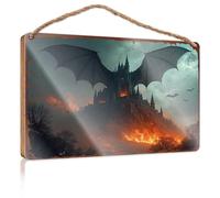 Funny Bedroom Decor Castle On Fire: A Gothic Fantasy Scene With Giant Wings Wooded Sign Playroom Decor Farm House Decorations(15X28CM)