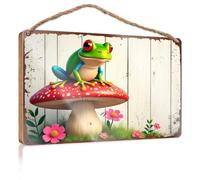 Funny Bedroom Decor Colorful Frog On A Red Mushroom In A Garden Wooded Sign Playroom Decor Farm House Decorations(20X30CM)