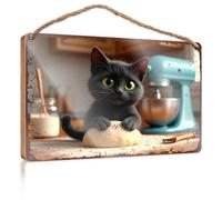 Funny Bedroom Decor Curious Kitten In The Kitchen With Dough Wooded Sign Playroom Decor Farm House Decorations(23X35CM)