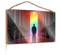 Funny Bedroom Decor Silhouette Standing Before Vibrant Rainbow Doorway With Lightning Wooded Sign Playroom Decor Farm House Decorations(20X30CM)