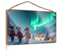 Funny Bedroom Decor Three Children In Santa Hats Marvel At The Northern Lights Wooded Sign Playroom Decor Farm House Decorations(23X35CM)