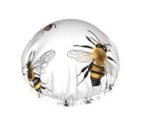(Funny Bees) Print Double Layer Waterproof Shower Cap for Long Hair - Reusable Bath Hair Protection with Elastic Band for Women Travel.