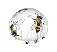 (Funny Bees) Print Double Layer Waterproof Shower Cap for Long Hair - Reusable Bath Hair Protection with Elastic Band for Women Travel.