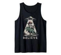 Funny Believe Meowdy T-Rex Cat UFO Alien Abduction Dad Meme Tank Top