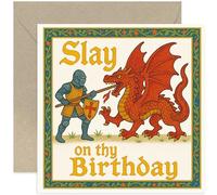 Funny Bestie Birthday Card for Her 'Slay on Thy Birthday' Knight and Dragon Desgign for Him or Her, Humorous Gifts for Men & Women