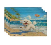 Funny Bichon Frise Dog Placemats Set of 4, 12''x18'', Cute Beach Coastal Sea 4Pcs Washable Table Mats for Home Dinning, Pet Holiday Party Kitchen Decoration