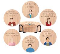 Funny Big Bang Theory Bamboo Wood Coasters Set of 6, Novelty Coasters with Holder Housewarming Gift Kitchen Decor