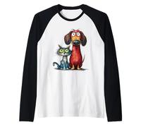 Funny Big Eyed Dog and Cat Cartoon Animals Raglan Baseball Tee