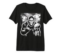 Funny Bigfoot & Alien Sasquatch Rock On Hand Sign UFO Selfie Premium T-Shirt