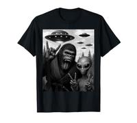 Funny Bigfoot & Alien Sasquatch Rock On Hand Sign UFO Selfie T-Shirt