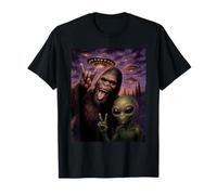 Funny Bigfoot & Alien Sasquatch Rock On Hand Sign UFO Selfie T-Shirt