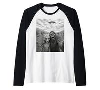 Funny Bigfoot and Alien Selfie with UFOs and Cryptids Raglan Baseball Tee