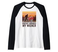 Funny Bigfoot Grabbed My Wiener Retro Camping Hot Dogs Humor Raglan Baseball Tee
