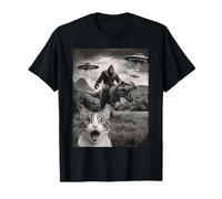 Funny Bigfoot T Rex Alien Invasion UFO Frightened Cat AI T-Shirt