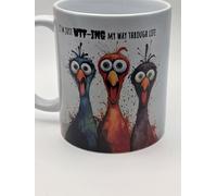 Funny Bird Art Coffee Mug, Watercolour Splash Design with Three Birds, White Ceramic Cup, 390 ml. Life can be Crazy