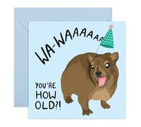 Funny Birthday Card About The Age - 'Hyrax Waa How Old' - Gifts for Him, Her, Friends, Uncles, Aunties, Coworkers - Shocked Mammal - Comes with Fun Stickers