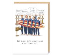 Funny Birthday Card Beach Boys Surfing Get a Round - Humorous Greeting Card