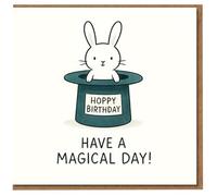 Funny Birthday Card - Bunny in Magic Hat with Pun 'Hoppy Birthday' - 'Have a Magical Day' Rabbit Illustration