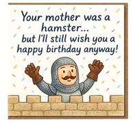 Funny Birthday Card - Cheeky Medieval Knight at a Castle with Confetti - 'Your mother was a hamster... but I'll still wish you a happy birthday anyway!'