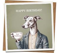 Funny Birthday Card - Earl Greyhound Dog Tea Pun - 145mm x 145mm Square - Blank Inside - Premium Greeting Card with Kraft Envelope for Him Her Dog Lovers