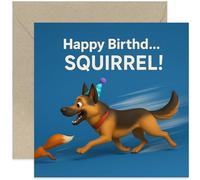 Funny Birthday Card for Dad Mum Husband Wife, Dog Chasing Squirrel Joke - Square, Blank Inside with Premium Envelope