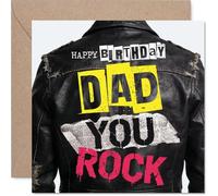 Funny Birthday Card for Dad - Rock on, Dad - Bold Leather Jacket Birthday Design with Vibrant Colours - Perfect for Music-loving Dads - 145mm Square, Envelope Included
