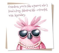 Funny Birthday Card For Grandma - Pink Parrot, Animal, Sassy, Sunglasses, Pearls - Grandma, You’re Colourful, Wise, Legendary - For Grandmother, Grandparent, Relative, Other