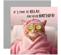 Funny Birthday Card for Her - 'Relax' Cat in Spa Bday Card for Female Friend Sister Aunt Mum Grandma Wife Girlfriend Colleague - Adult or Teenager - Square, Blank Inside
