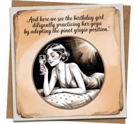 Funny Birthday Card for Her - Wine Lovers Pinot Grigio Yoga Joke, Vintage Style Illustration - 145mm x 145mm Square Greeting Card with Kraft Envelope