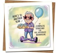 Funny Birthday Card for Him - “Another Year of Complete Disregard for Age-Appropriate Behaviour” - Humorous Cartoon Man on Hoverboard - 145mm x 145mm Square - Blank Inside - Includes Kraft Envelope