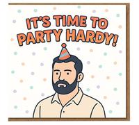 Funny Birthday Card for Him - It's Time to Party Hardy - Bearded Bloke in Party Hat, Confetti Design