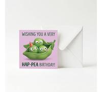 Funny Birthday Card for Men Women Cute Hap-Pea Pun Greeting Cards Humorous Vegetable Theme for Mum Dad Sister Brother Friend Wife Blank Inside with Envelope 13x13cm