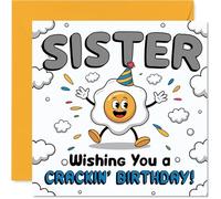 Funny Birthday Card for Sister - Egg-cellent Birthday Wishes - Cheerful Cartoon Egg Character with Playful Yellow and Blue Design - 145mm Square, Envelope Included