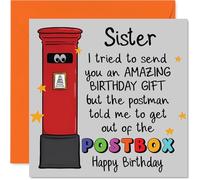 Funny Birthday Card for Sister - Too Big for the Postbox - Playful Cartoon Postbox with Googly Eyes and Stars - 145mm Square, Envelope Included